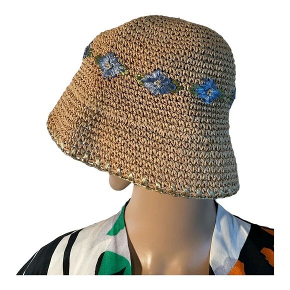 Women’s Beige Woven Paper Hat with Light Blue Flowers One Size Fits Most 12x8in - Picture 13 of 16